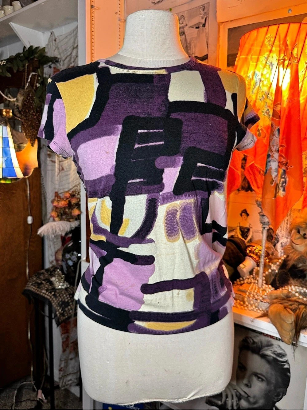 Simply Vera Wang Abstract Short Sleeve Top Purple & Black Size Medium